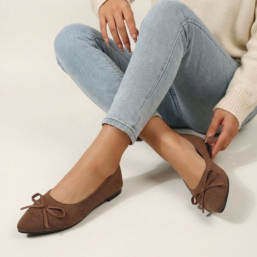 Women's Knit Ballet Flats with Bow Detail and Slip-On Comfort