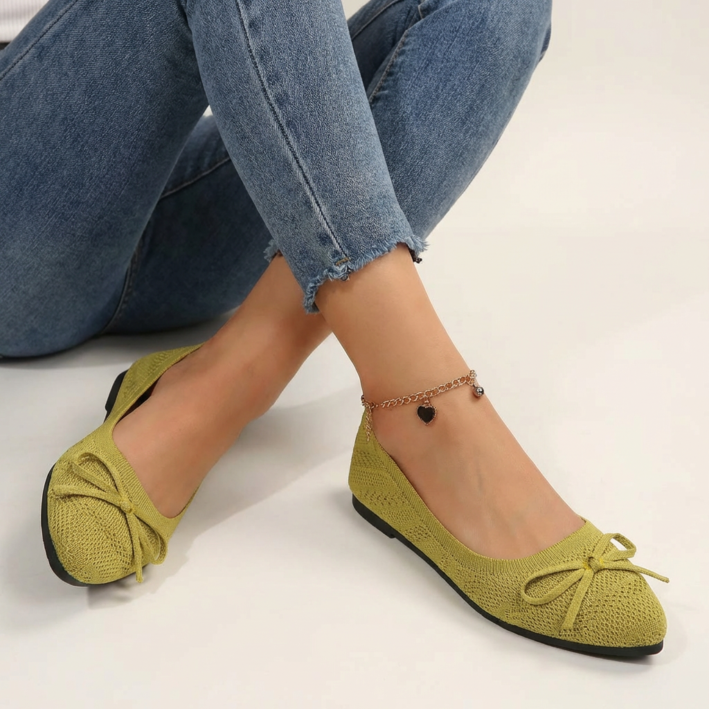 Women's Knit Ballet Flats with Bow Detail and Slip-On Comfort