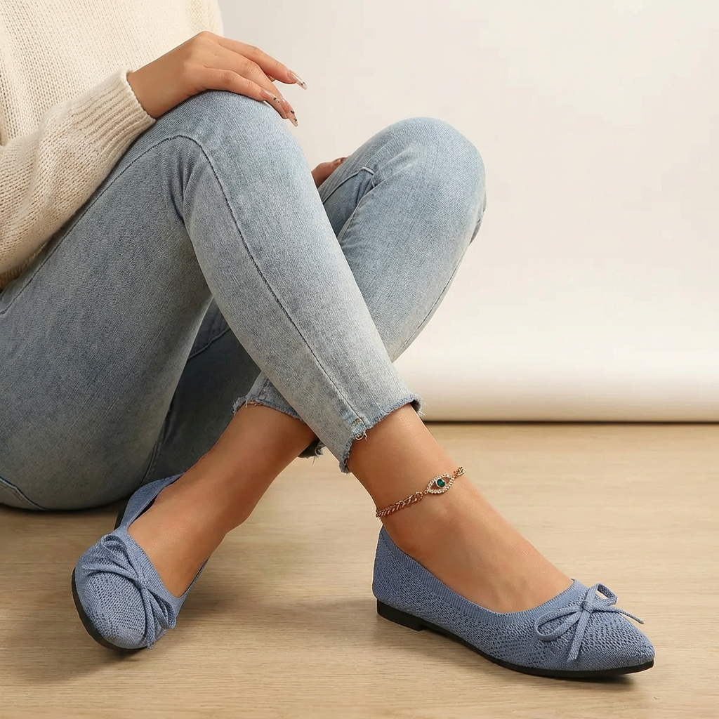 Women's Knit Ballet Flats with Bow Detail and Slip-On Comfort