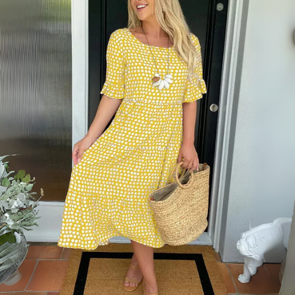 Women's Polka Dot Tiered Midi Dress with Gathered Waist
