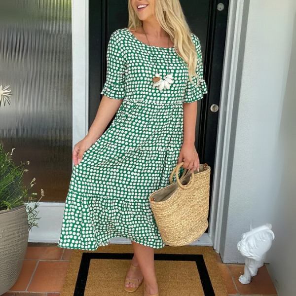 Women's Polka Dot Tiered Midi Dress with Gathered Waist