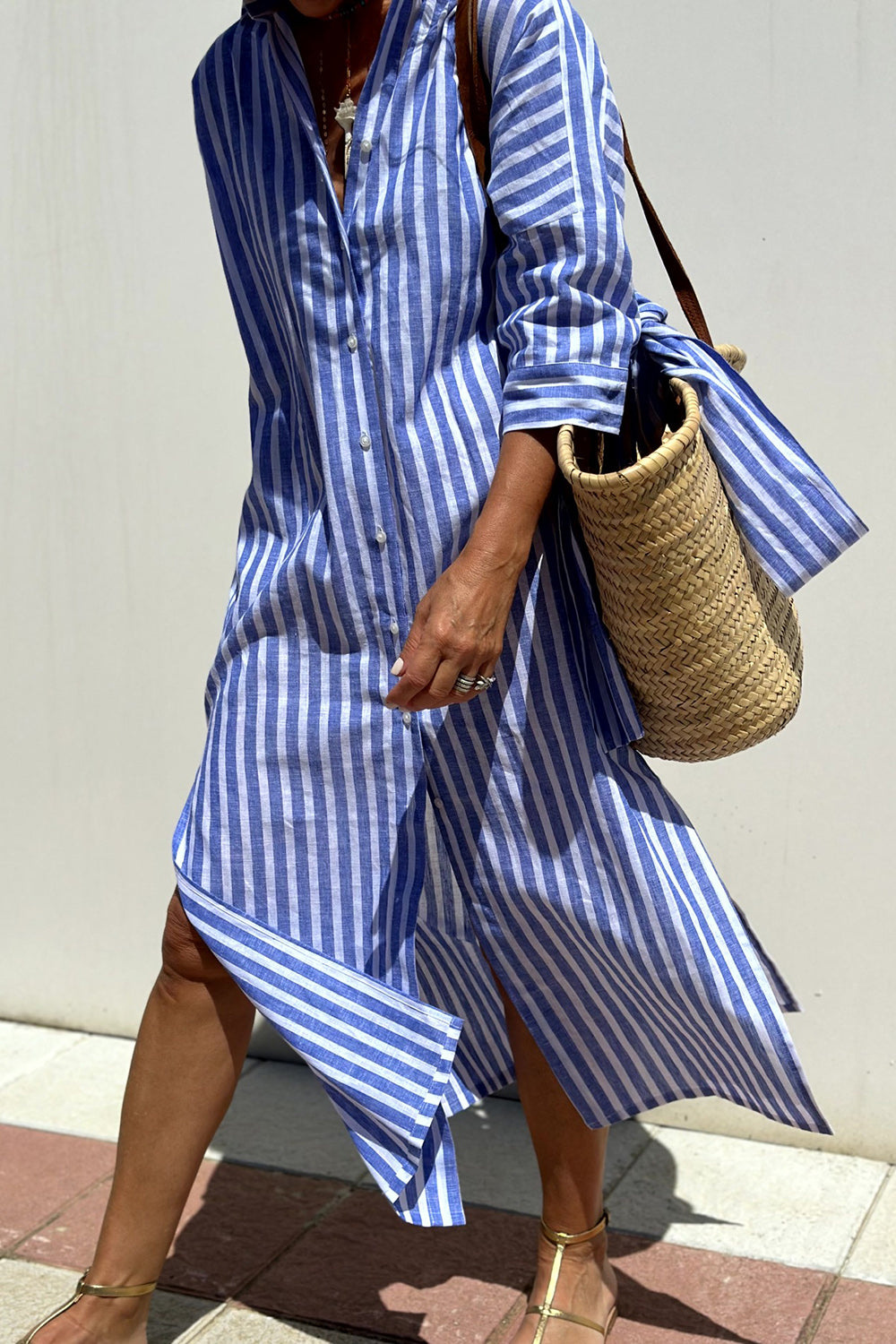 Women's Striped Button Front Midi Dress