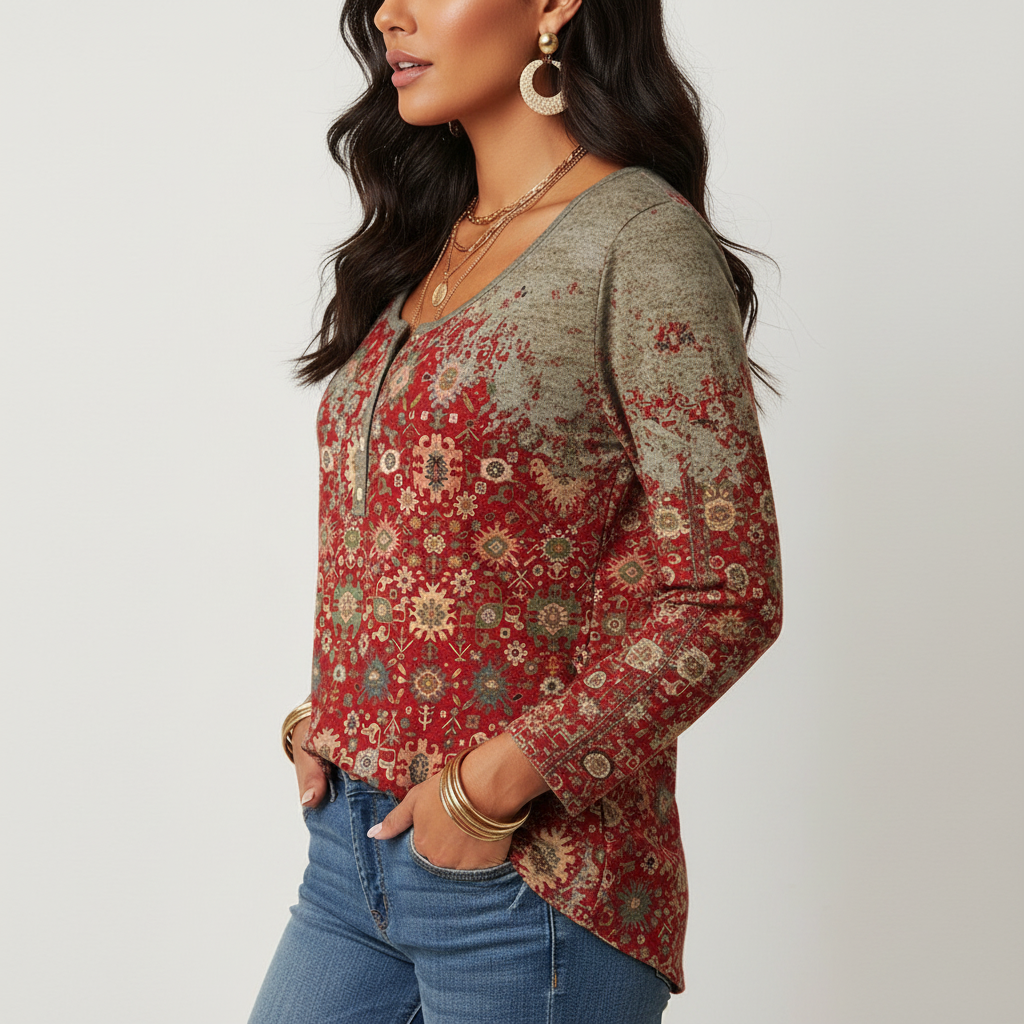 Women's Vintage Floral Print Long Sleeve Henley Casual Knit Top