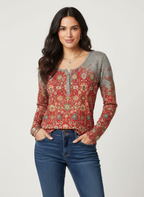 Women's Vintage Floral Print Long Sleeve Henley Casual Knit Top