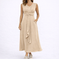 Women's Sleeveless Twist Waist Maxi Dress with Draped Front Tie and Flattering V-Neck