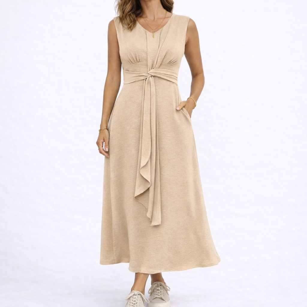 Women's Sleeveless Twist Waist Maxi Dress with Draped Front Tie and Flattering V-Neck