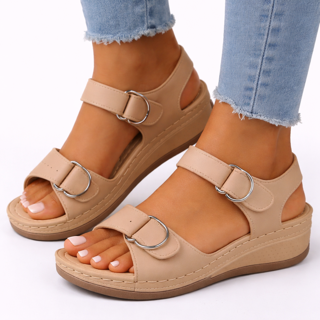 Damen Sandalen mit dreifach verstellbarem Komfort-Keilabsatz, gepolsterter Sohle und offenem Zehendesign