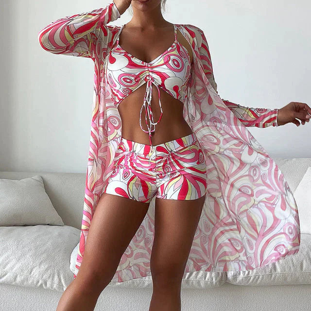 Women's Three Piece Bikini Set with Printed Design and Lightweight Cover Up for Beach Days