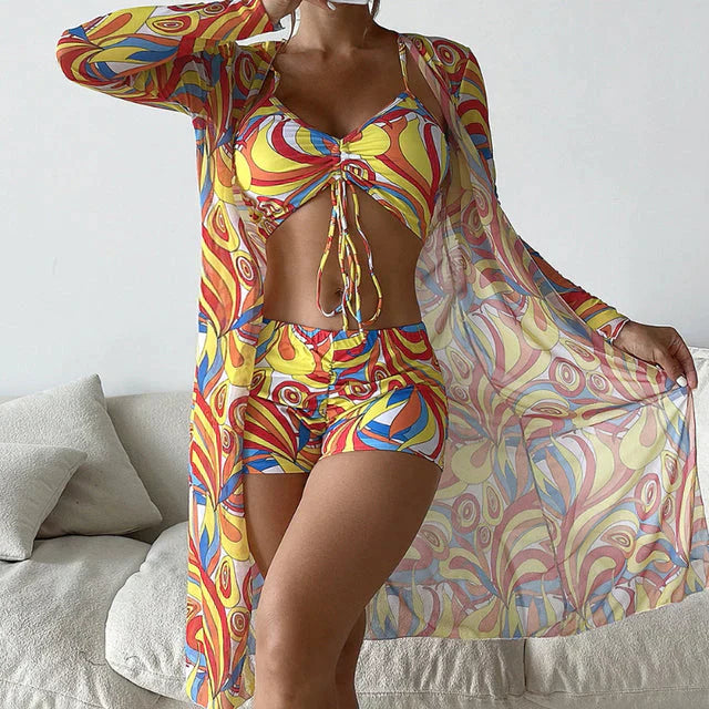 Women's Three Piece Bikini Set with Printed Design and Lightweight Cover Up for Beach Days