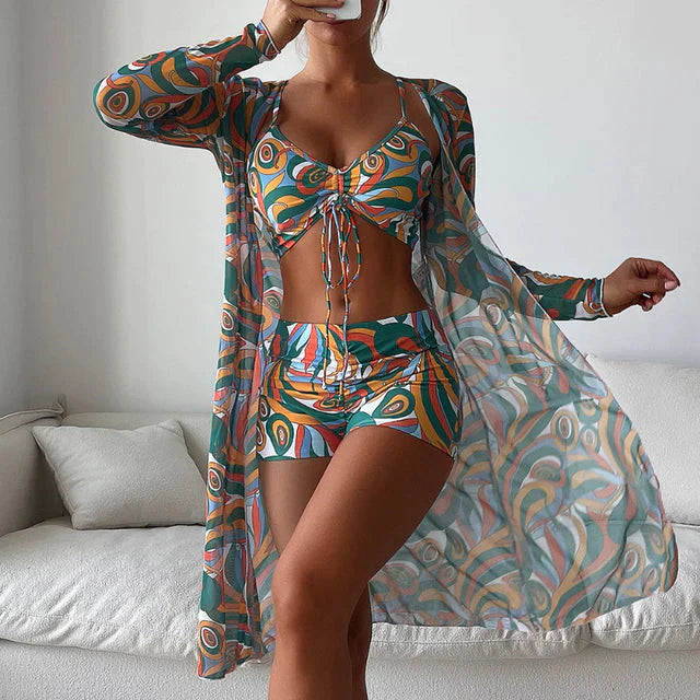 Women's Three Piece Bikini Set with Printed Design and Lightweight Cover Up for Beach Days