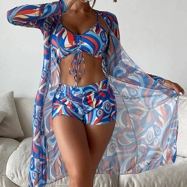 Women's Three Piece Bikini Set with Printed Design and Lightweight Cover Up for Beach Days