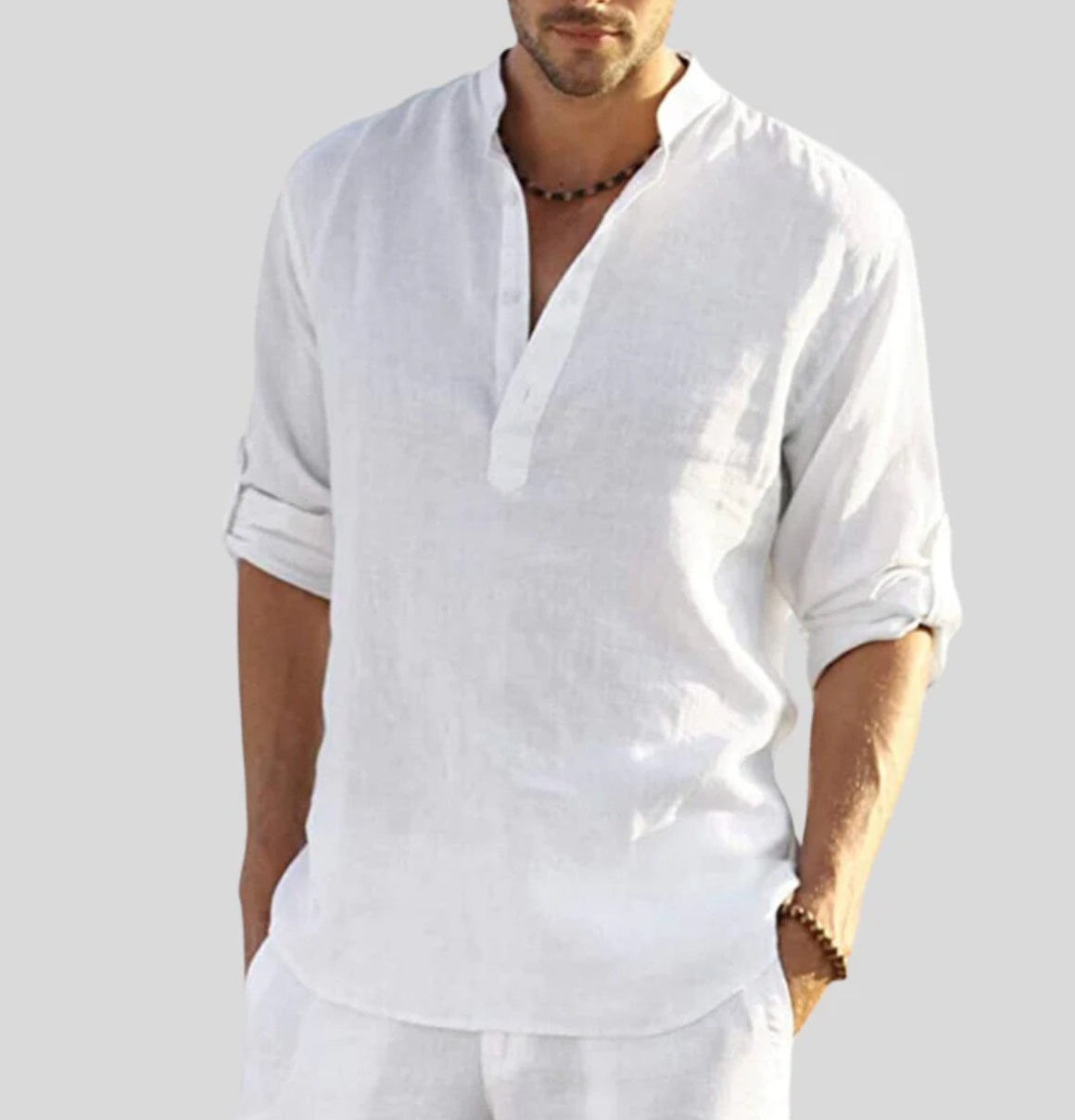 Men's Long-Sleeve Henley Shirt with Band Collar for Relaxed Summer Style