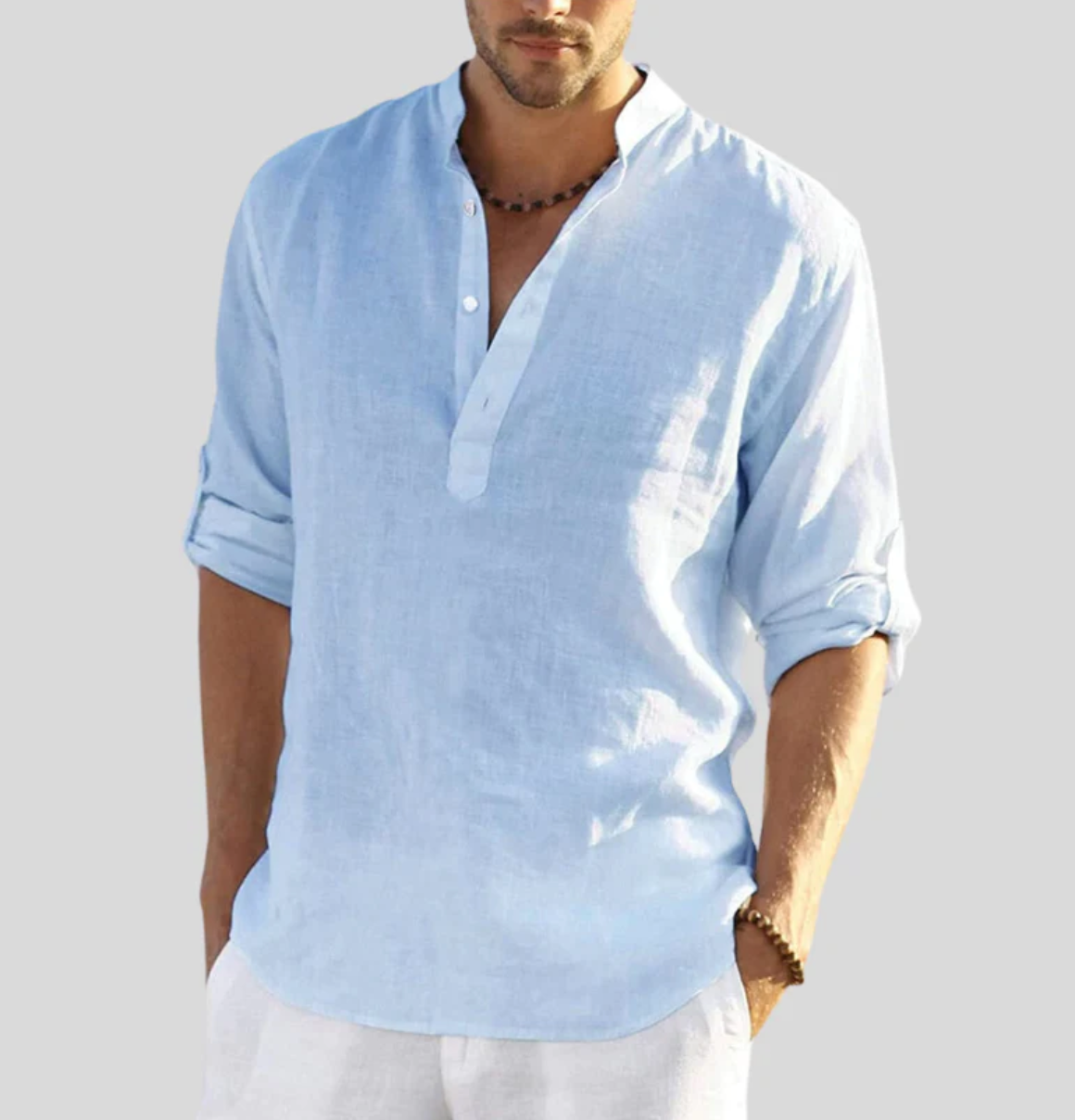 Men's Long-Sleeve Henley Shirt with Band Collar for Relaxed Summer Style