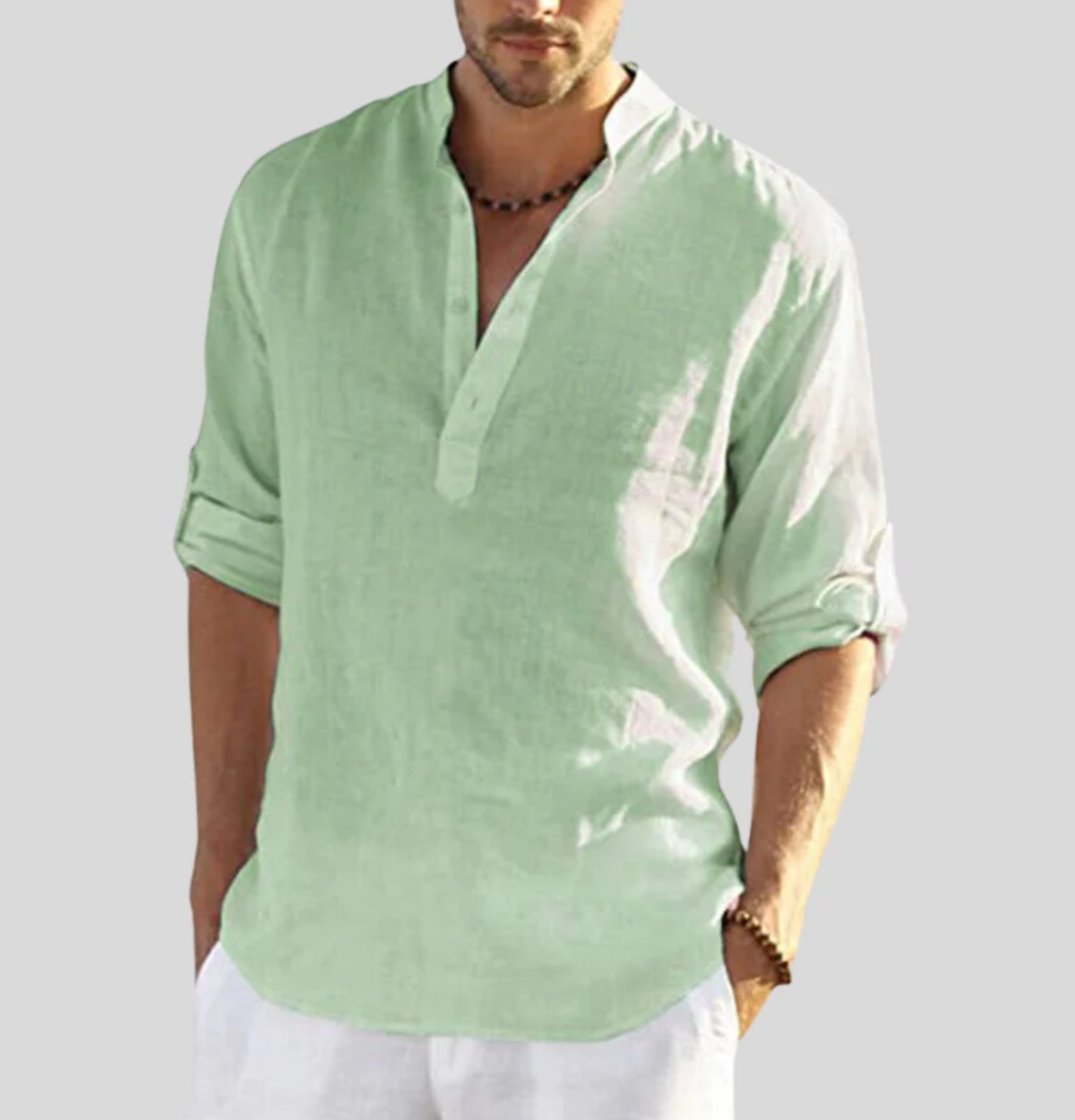 Men's Long-Sleeve Henley Shirt with Band Collar for Relaxed Summer Style