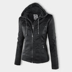 Damen Kapuzenjacke aus veganem Leder mit strukturierter Passform und Reißverschluss-Details