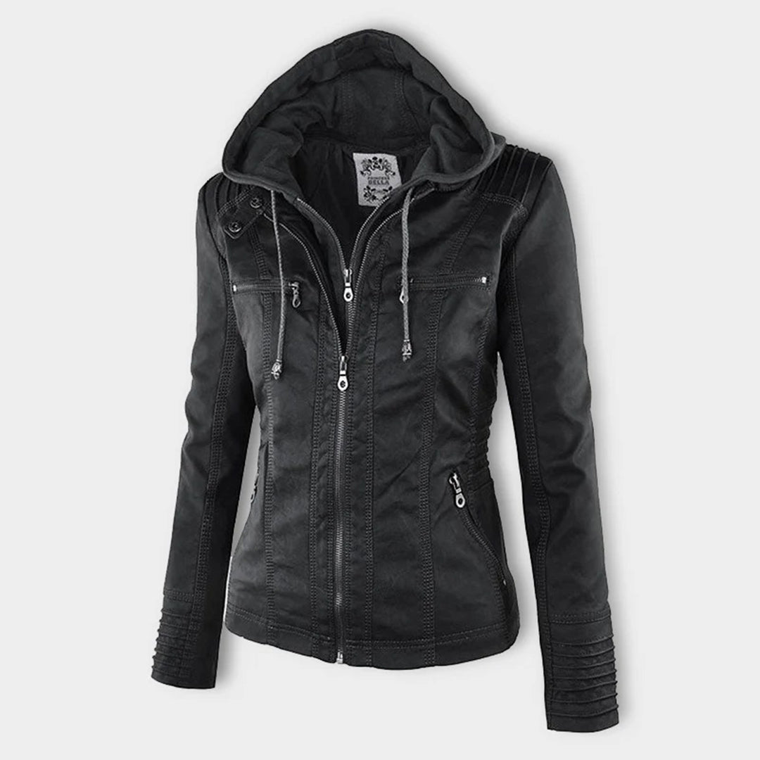 Women's Hooded Vegan Leather Jacket with Structured Fit and Zip Details