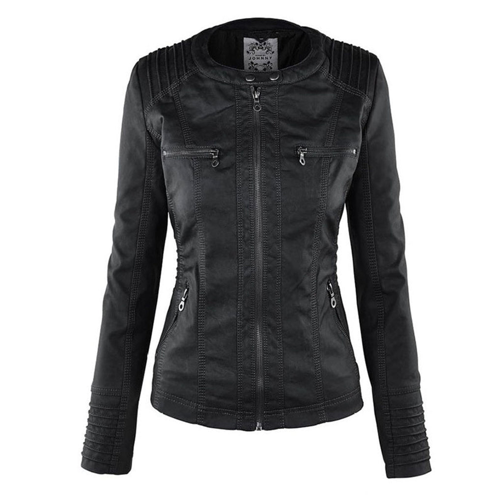 Damen Kapuzenjacke aus veganem Leder mit strukturierter Passform und Reißverschluss-Details
