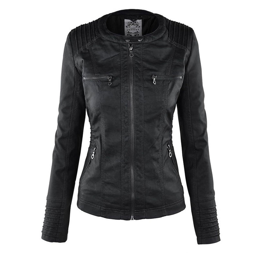 Damen Kapuzenjacke aus veganem Leder mit strukturierter Passform und Reißverschluss-Details