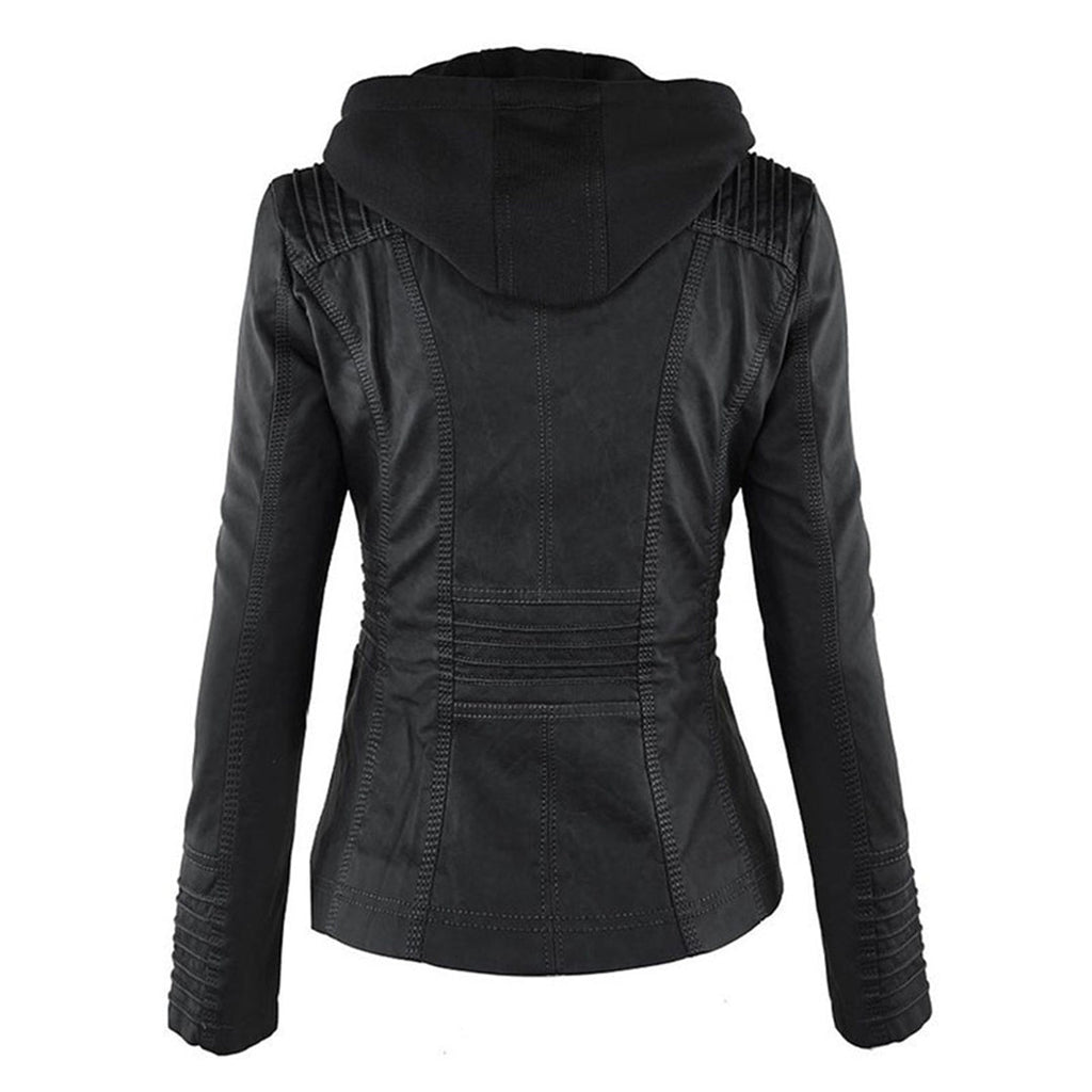 Damen Kapuzenjacke aus veganem Leder mit strukturierter Passform und Reißverschluss-Details
