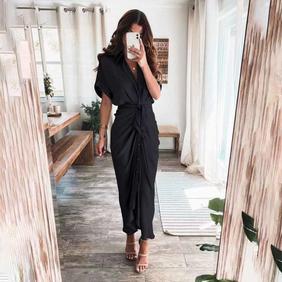 Damen-Midikleid mit Knopfleiste und Taillengürtel für eleganten Alltagslook