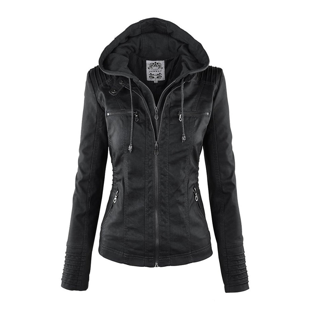 Women's Hooded Vegan Leather Jacket with Structured Fit and Zip Details