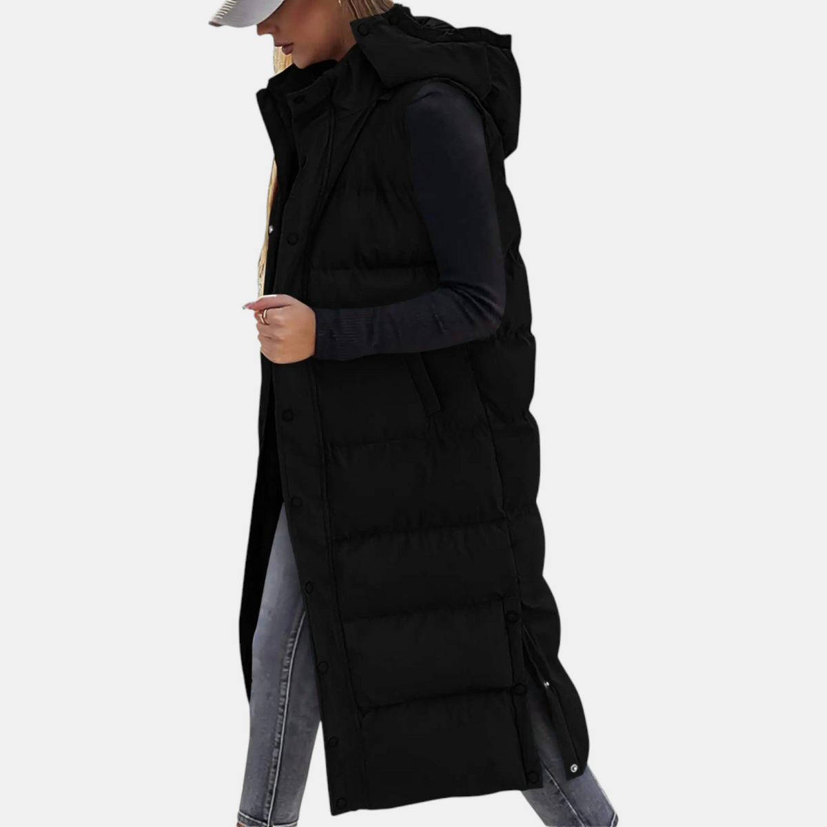 Women's Long Hooded Puffer Vest with Side Snap Buttons