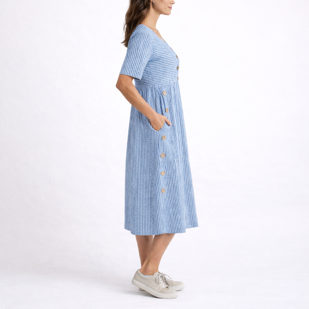 Gestreiftes Midikleid für Damen mit dekorativem Knopfdetail, kurzen Ärmeln und Seitentaschen