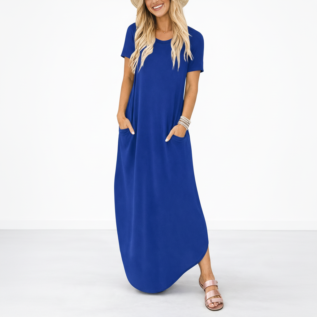 Robe maxi rayée décontractée pour femme avec poches latérales et col rond