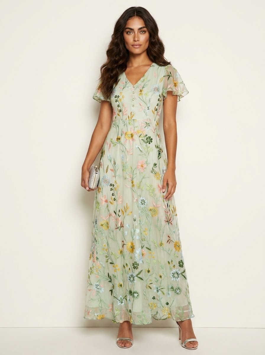 Women's Elegant Floral Embroidered Chiffon Maxi Dress for Special Occasions