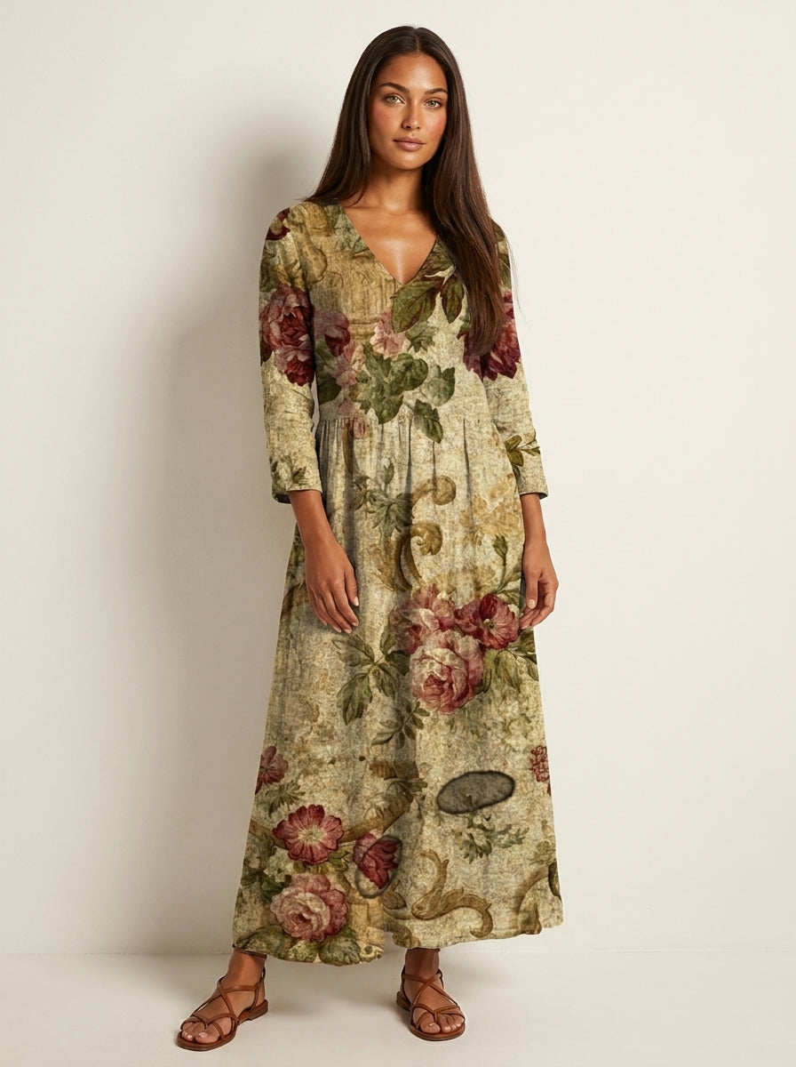Women's Vintage Floral V-Neck Maxi Dress with Three Quarter Sleeves
