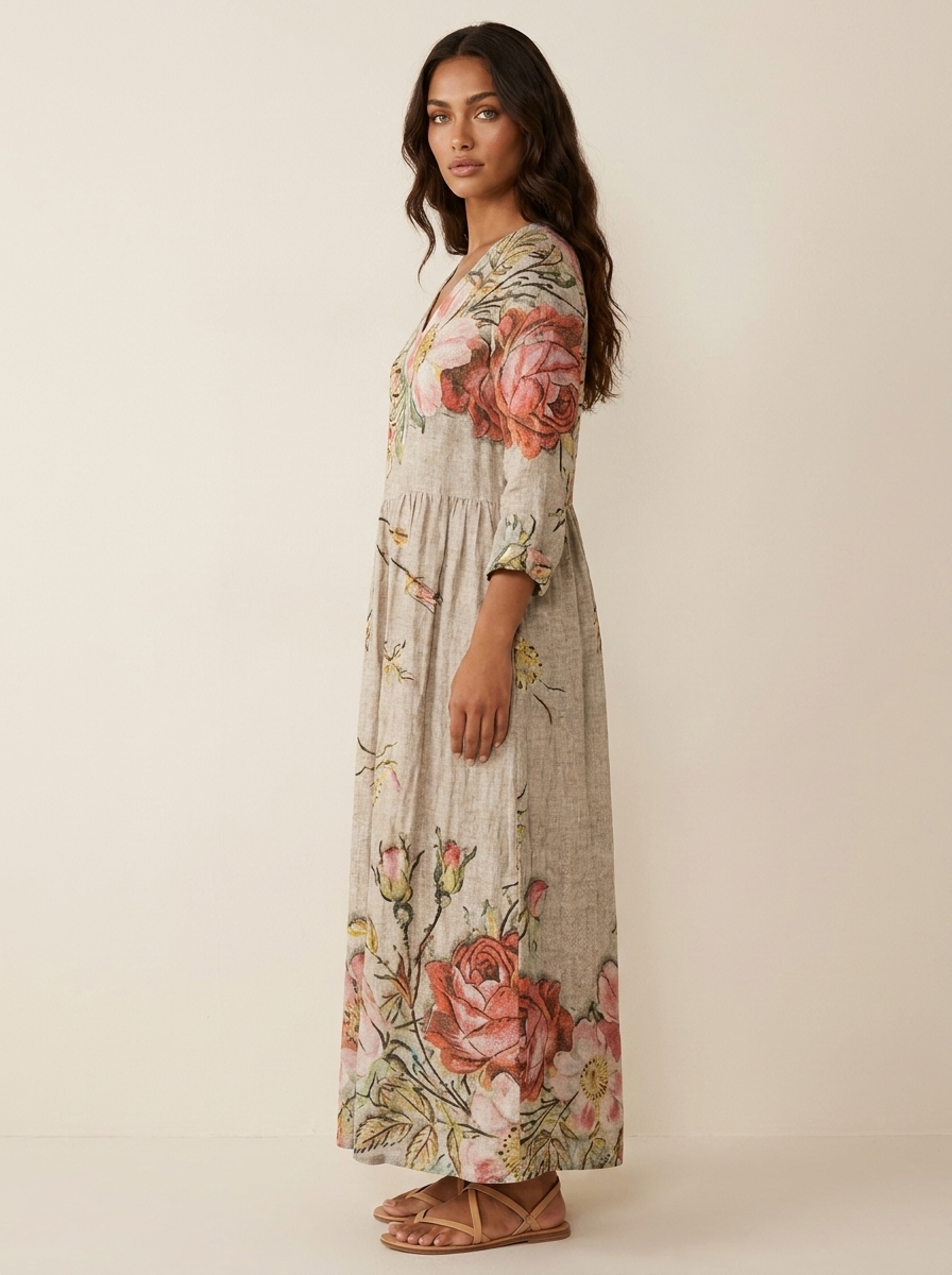 Women's Vintage Floral V-Neck Maxi Dress with Three Quarter Sleeves