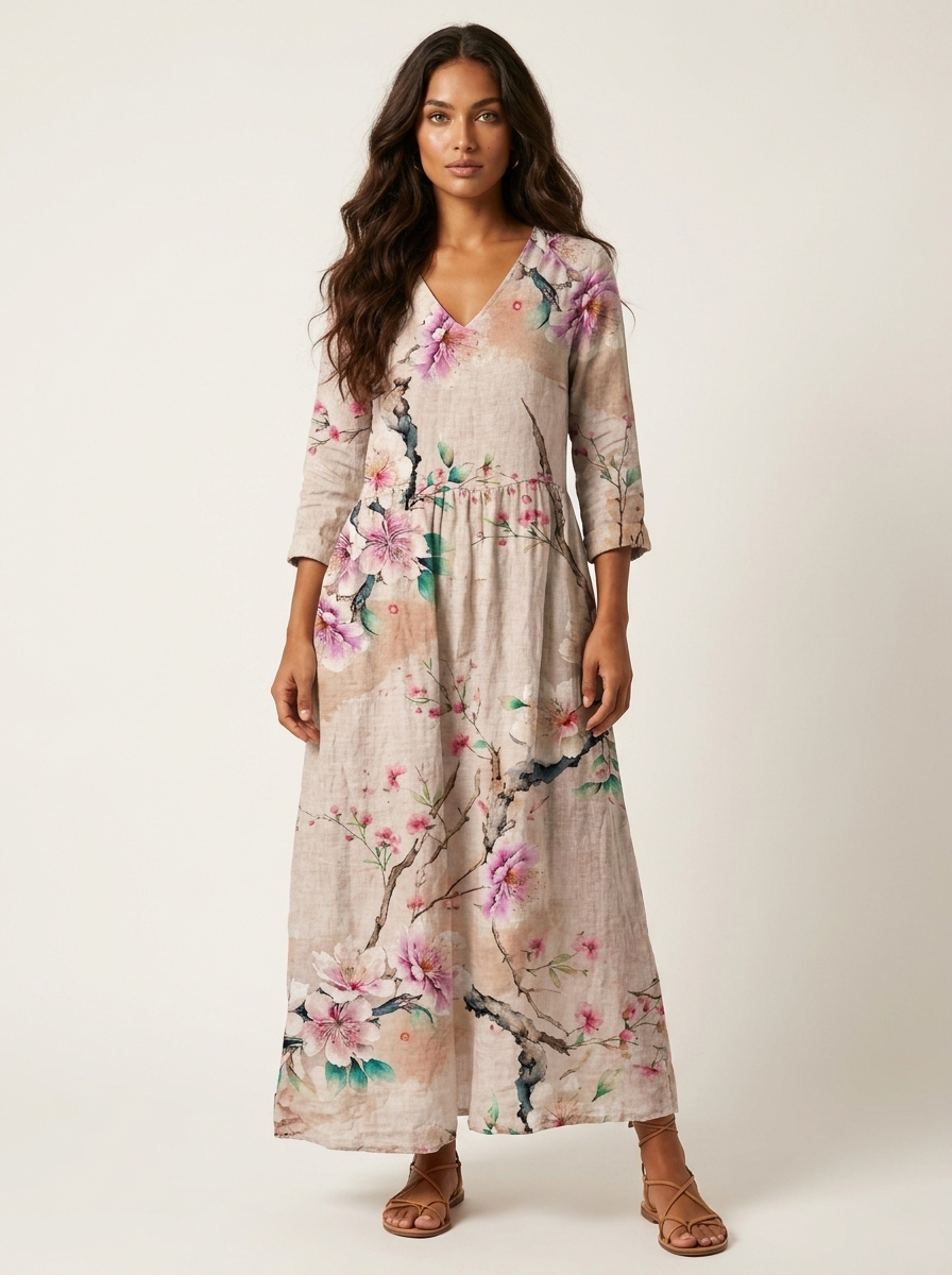 Women's Vintage Floral V-Neck Maxi Dress with Three Quarter Sleeves