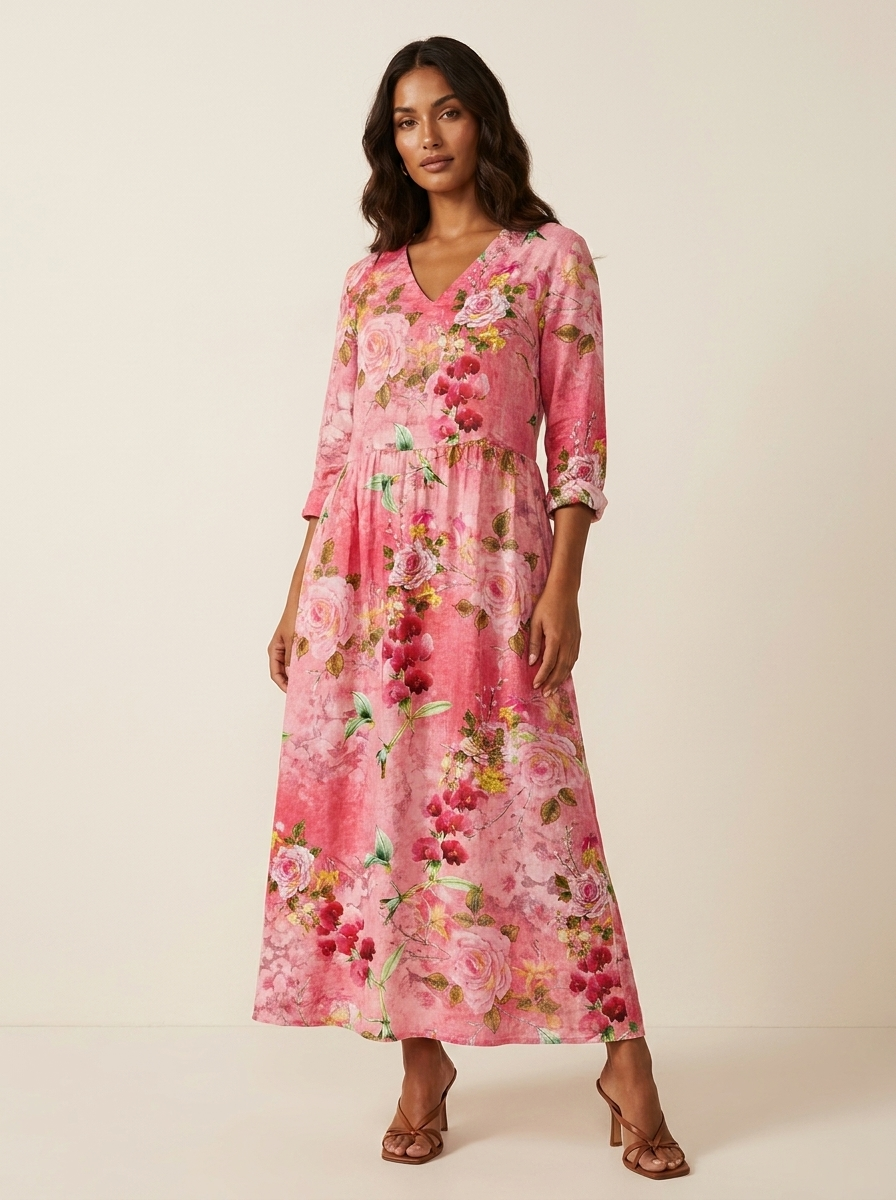 Women's Vintage Floral V-Neck Maxi Dress with Three Quarter Sleeves
