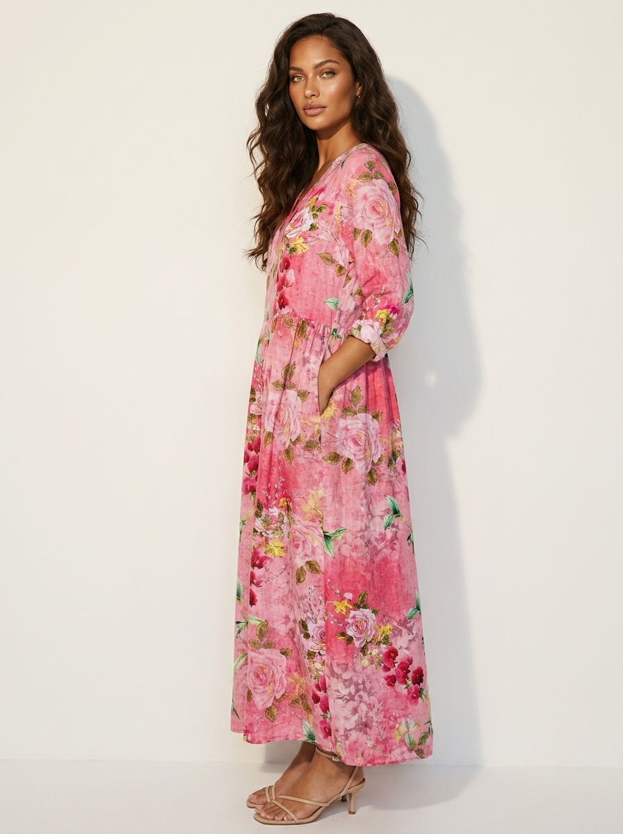 Women's Vintage Floral V-Neck Maxi Dress with Three Quarter Sleeves