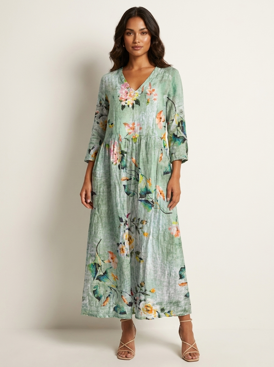 Women's Vintage Floral V-Neck Maxi Dress with Three Quarter Sleeves