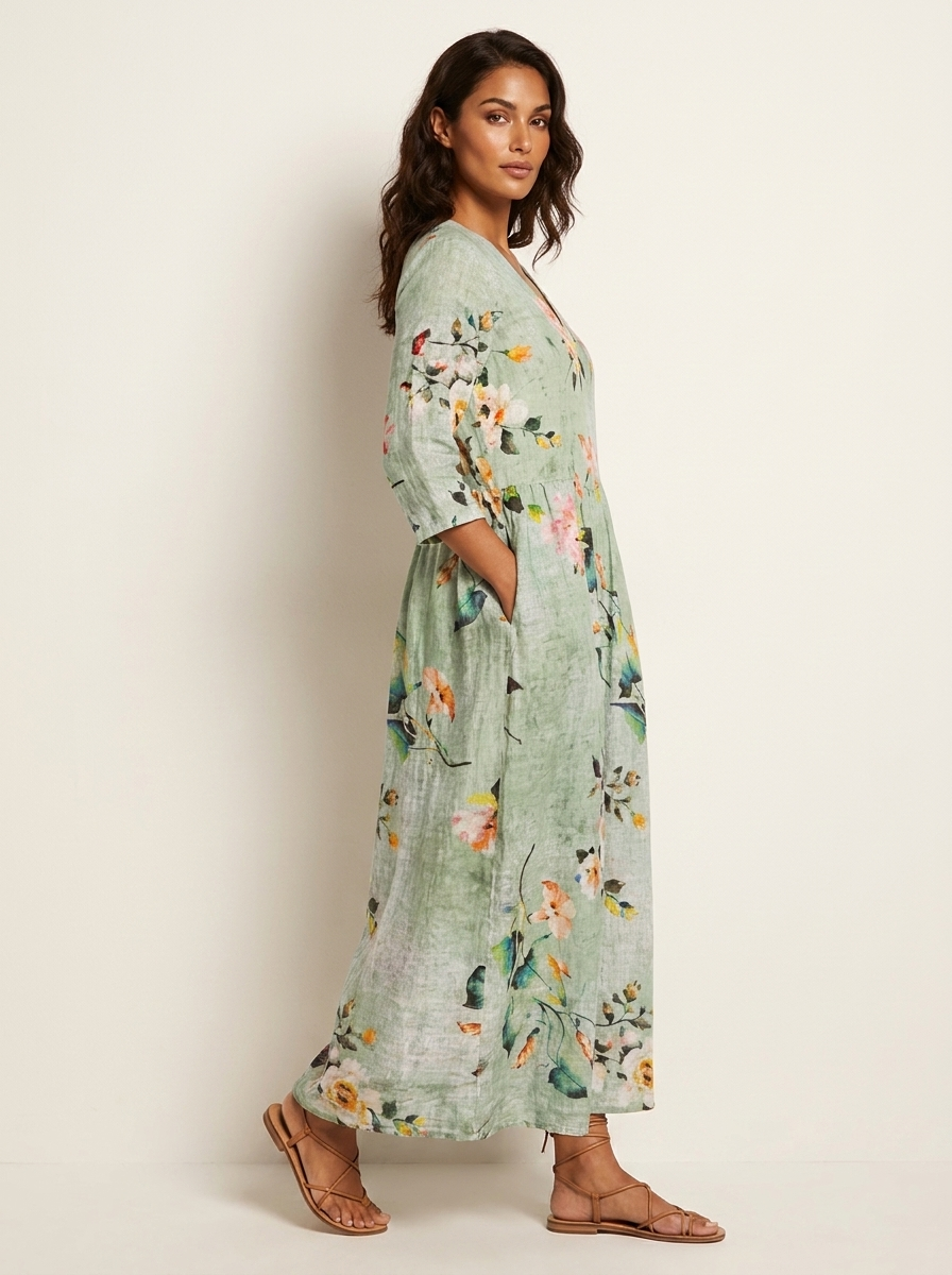 Women's Vintage Floral V-Neck Maxi Dress with Three Quarter Sleeves