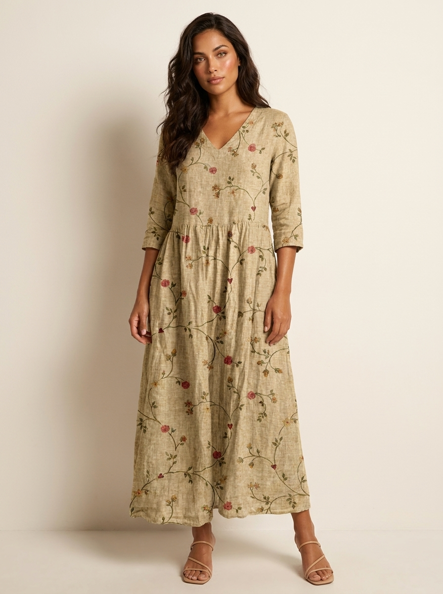 Women's Vintage Floral V-Neck Maxi Dress with Three Quarter Sleeves