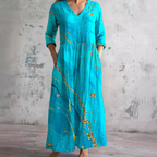 Women's Vintage Floral V-Neck Maxi Dress with Three Quarter Sleeves