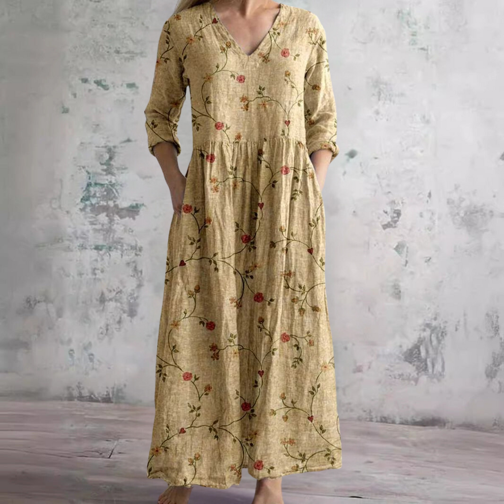 Women's Vintage Floral V-Neck Maxi Dress with Three Quarter Sleeves