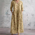 Women's Vintage Floral V-Neck Maxi Dress with Three Quarter Sleeves