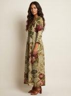 Women's Vintage Floral V-Neck Maxi Dress with Three Quarter Sleeves