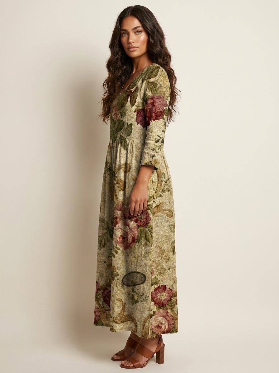 Women's Vintage Floral V-Neck Maxi Dress with Three Quarter Sleeves