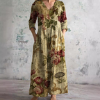 Women's Vintage Floral V-Neck Maxi Dress with Three Quarter Sleeves