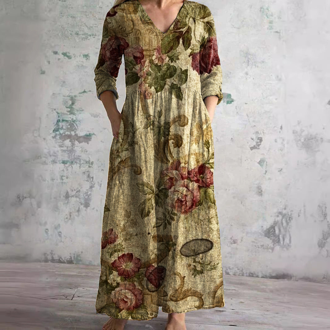 Women's Vintage Floral V-Neck Maxi Dress with Three Quarter Sleeves