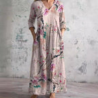 Women's Vintage Floral V-Neck Maxi Dress with Three Quarter Sleeves