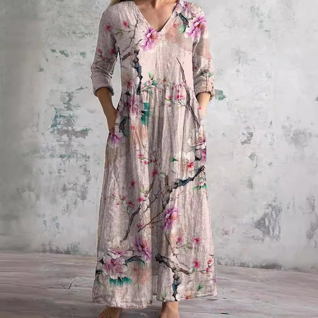 Women's Vintage Floral V-Neck Maxi Dress with Three Quarter Sleeves