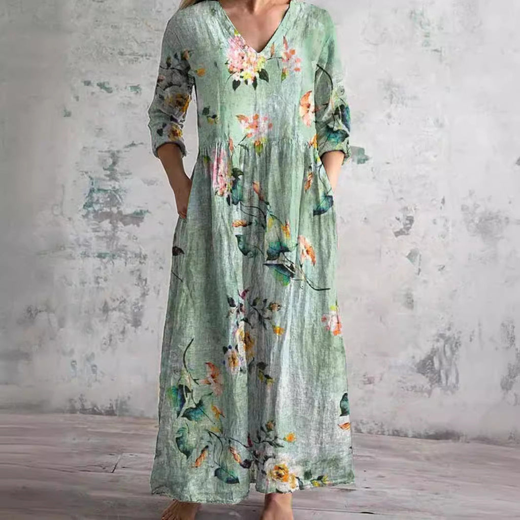 Women's Vintage Floral V-Neck Maxi Dress with Three Quarter Sleeves