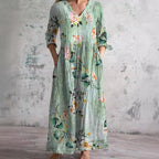 Women's Vintage Floral V-Neck Maxi Dress with Three Quarter Sleeves