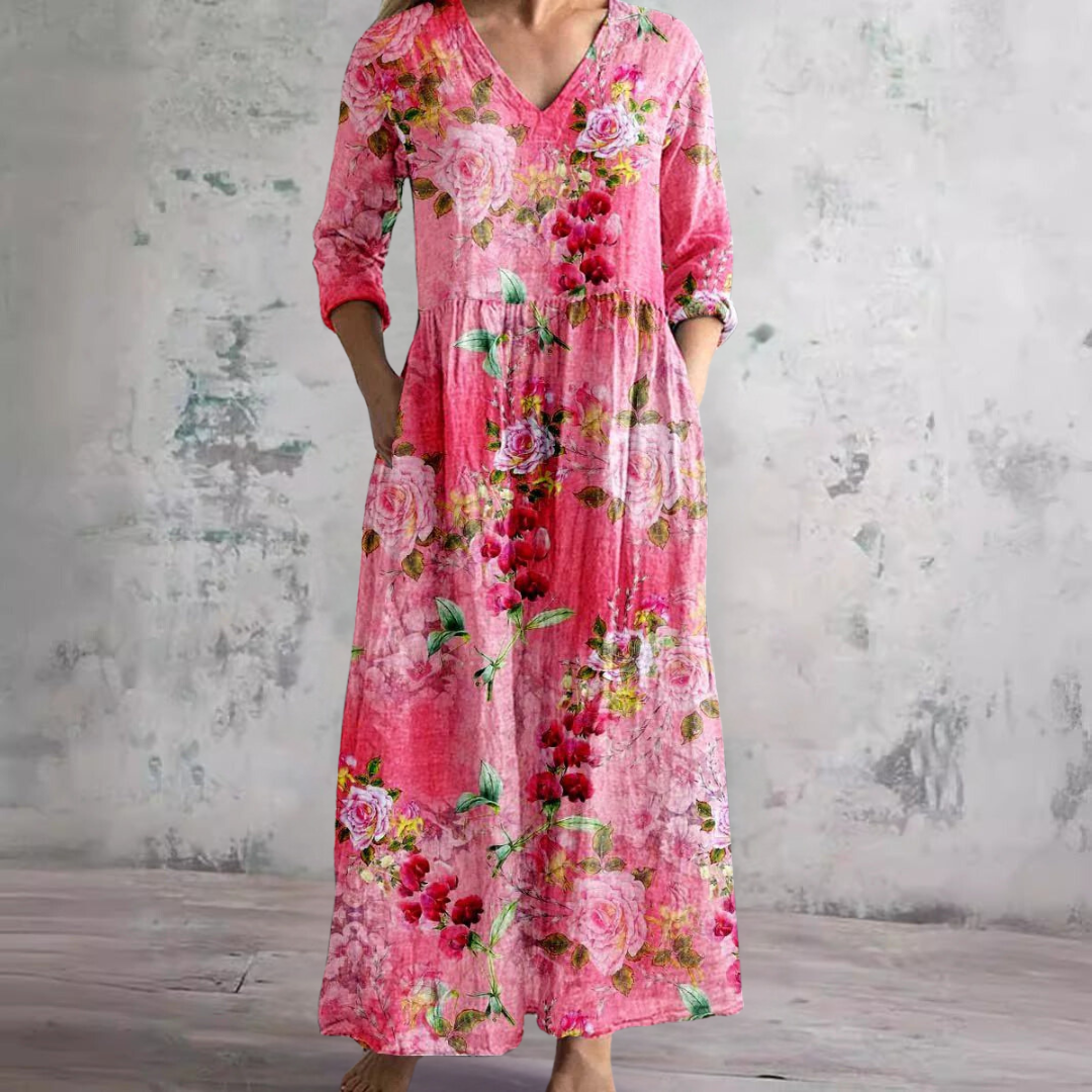 Women's Vintage Floral V-Neck Maxi Dress with Three Quarter Sleeves