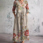 Women's Vintage Floral V-Neck Maxi Dress with Three Quarter Sleeves